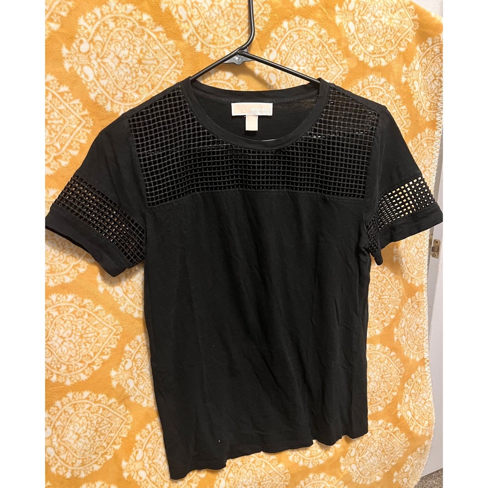 Michael Michael Kors Black Mesh Lattice Short Sleeve Top Gold Logo Bar Small